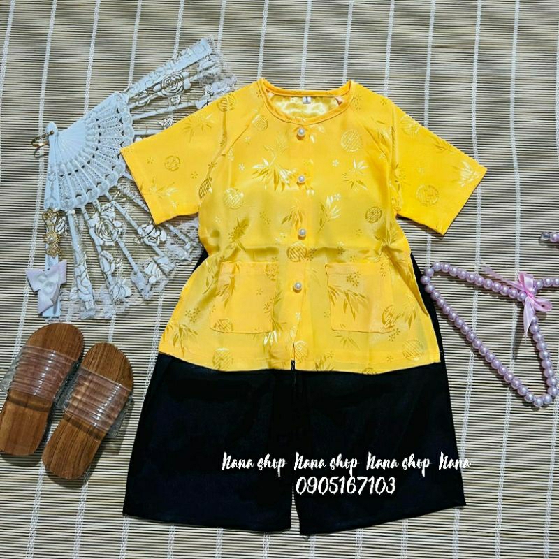 Bộ bà ba bé gái áo gấm quần phi lụa mềm mịn mát size 8- 45ky