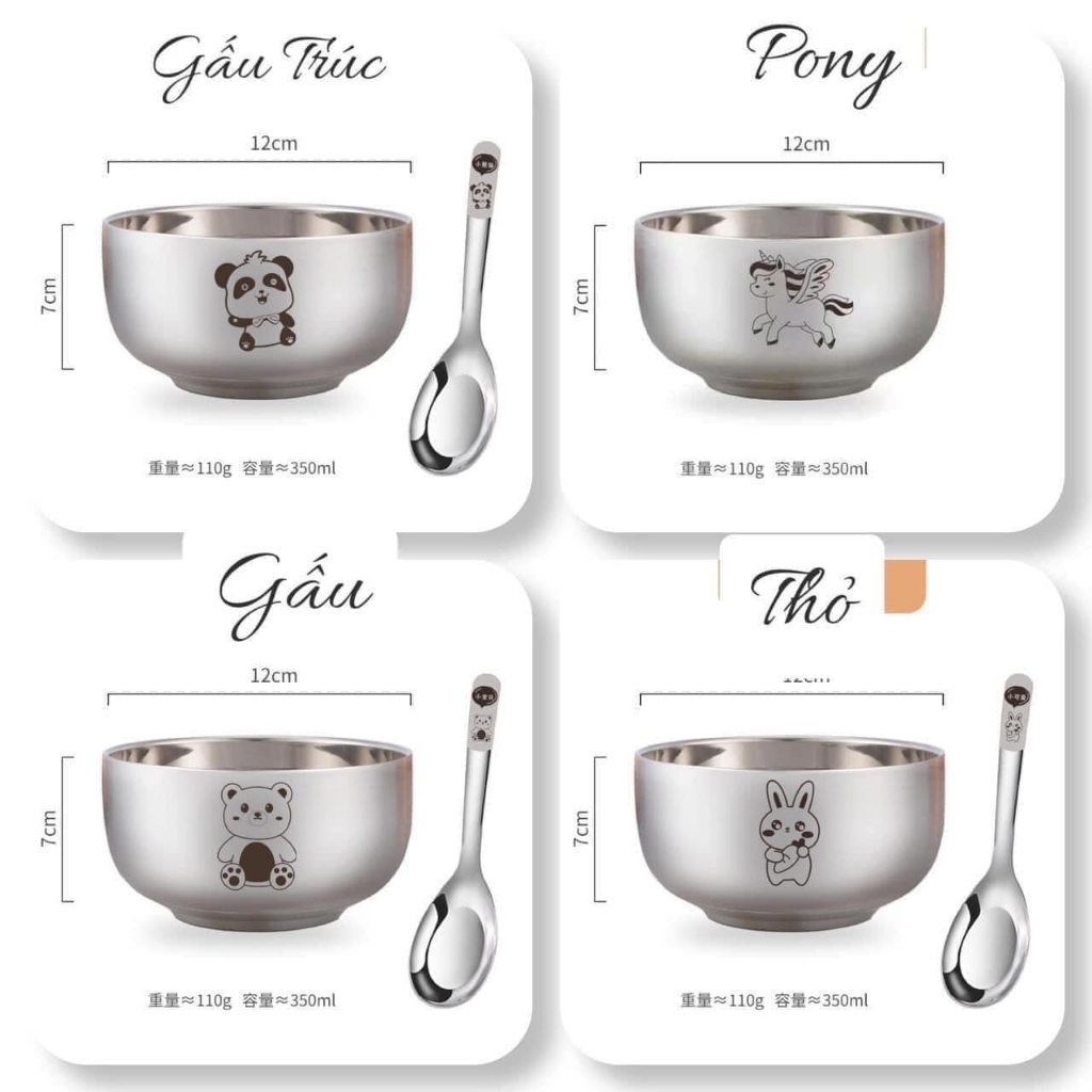 Bát kèm thìa ăn dặm cho bé mẫu hình con vật chuẩn inox 304 nhẹ tênh chống nóng Hcom31