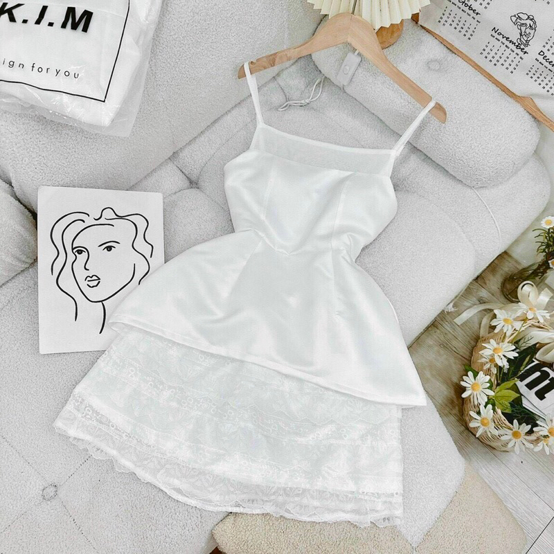 Set áo dây peplum + chân váy ren