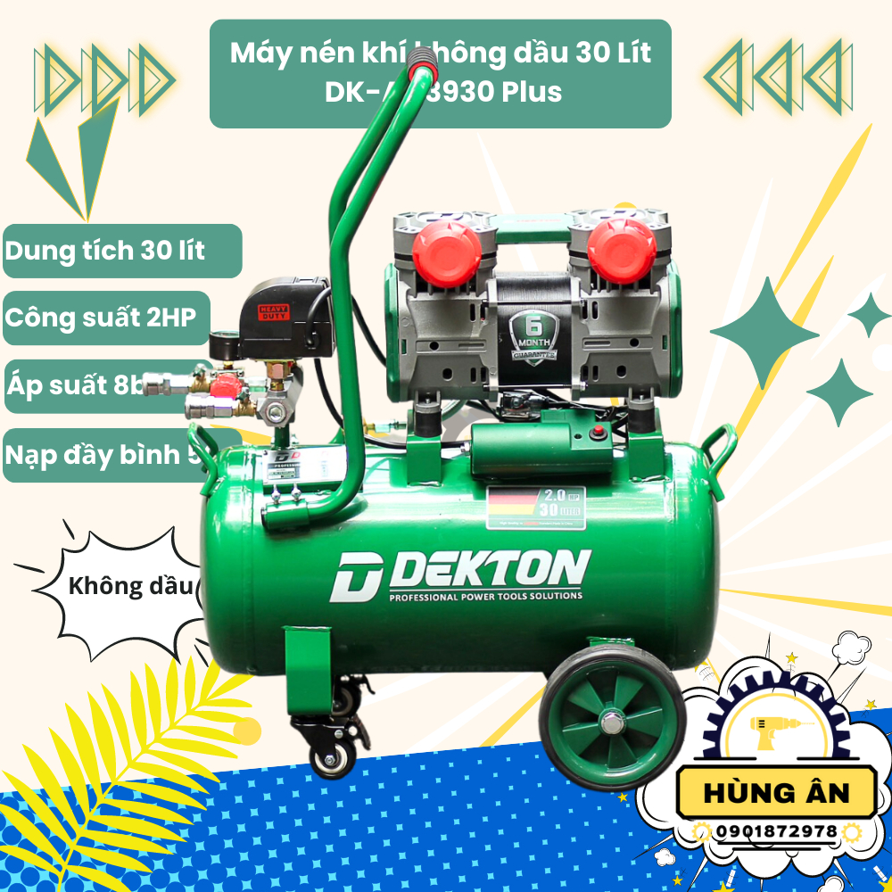 Máy nén khí không dầu 30Lít Dekton DK-AC3930PLUS/MODEL MỚI 2023 có van điều áp/2HP/1500W/2piston nạp nhanh