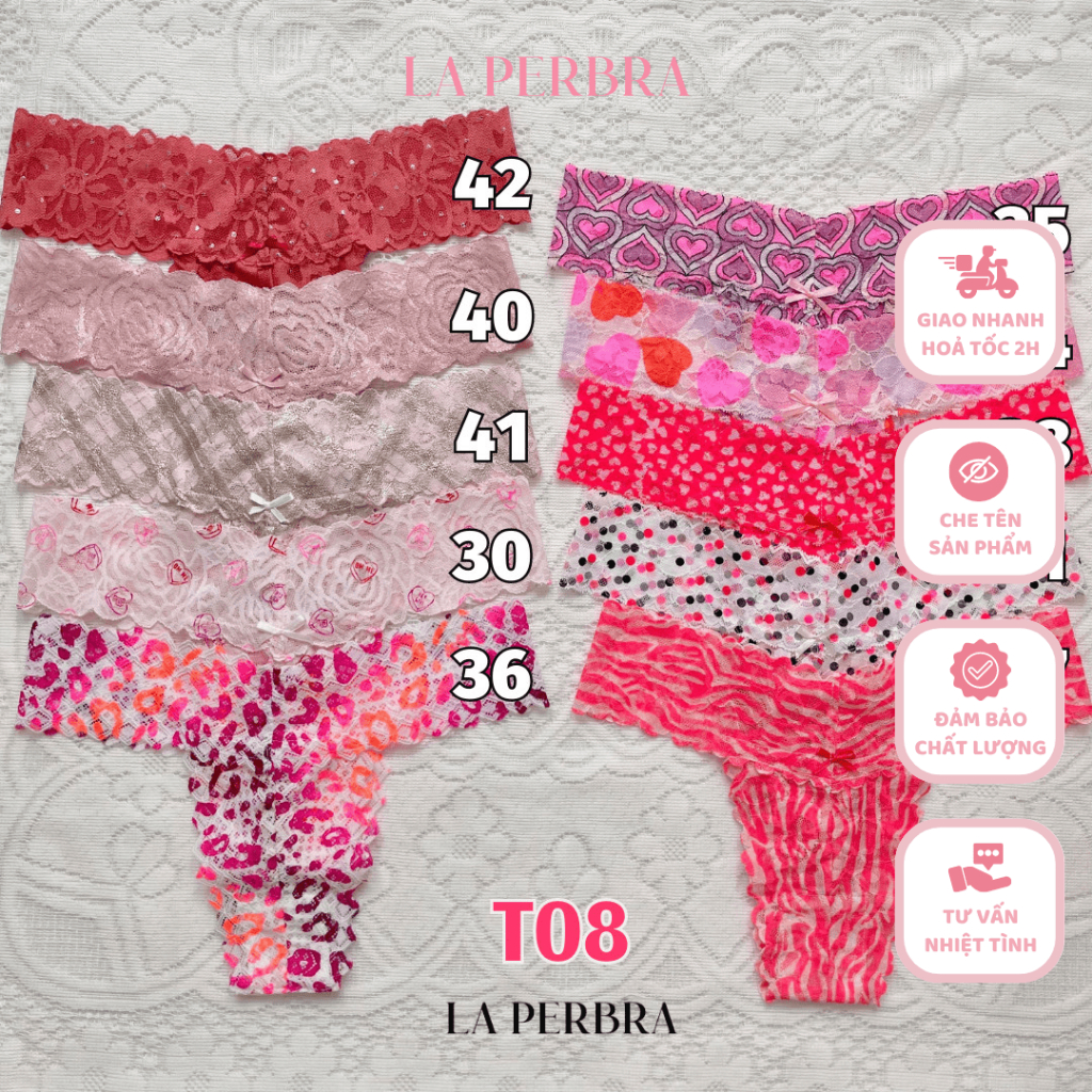 T08 | Quần Lót Ren Lọt Khe Dáng Chữ T Sexy Hoạ Tiết Nổi Bật Dễ Thương Dễ Mặc La Perbra - T08