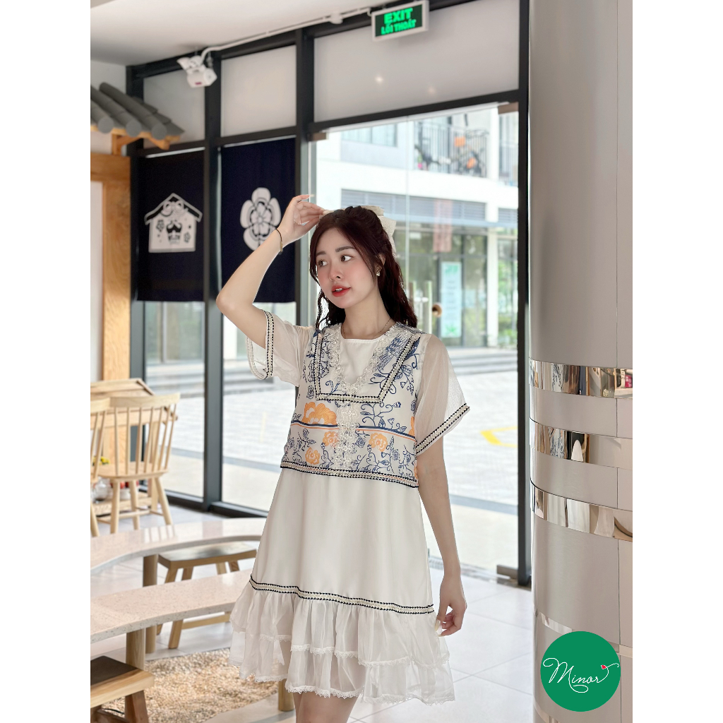 ĐẦM LIỀN FORM BABYDOLL PHỐI HỌA TIẾT HOA VĂN XANH [MINOR EVELYN]