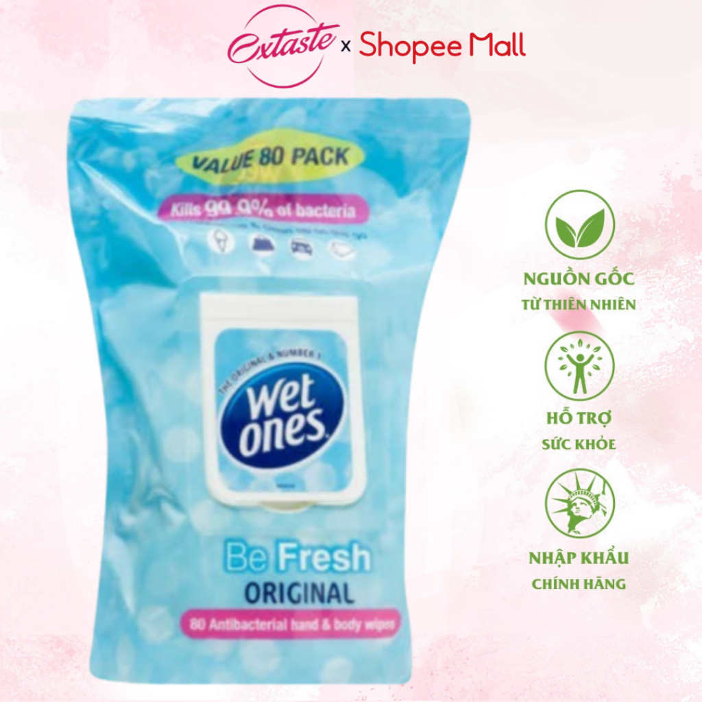 Khăn giấy ướt an toàn dịu nhẹ Healthy Care wet ones original be fresh gói 80 tờ