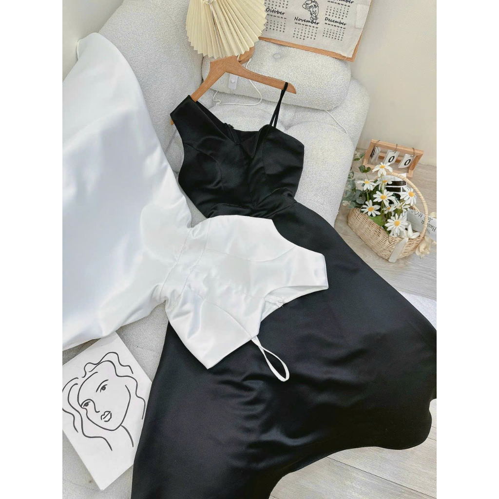 Đầm dây midi xòe lên form đẹp lắm ah