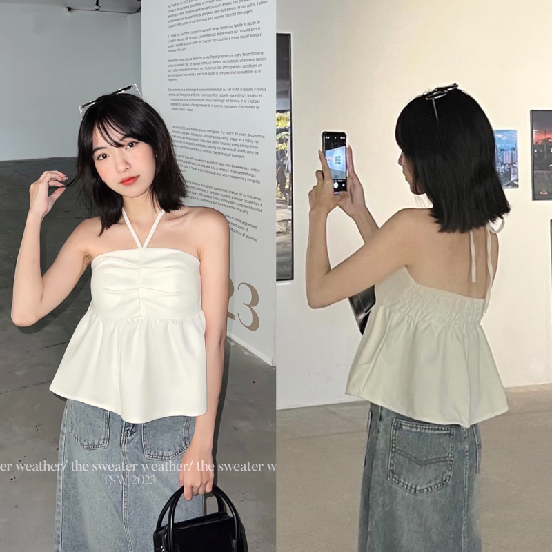 Áo quây peplum tổ ong dây buộc cổ the.sweaterweather TSW (ảnh thật)
