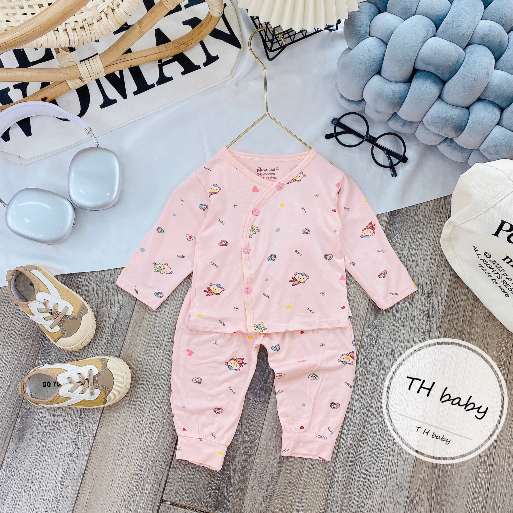 Bộ dài tay sơ sinh khuy lệch màu thun lạnh cho bé