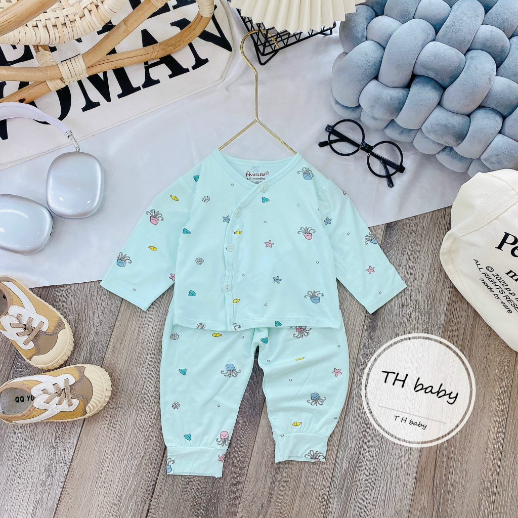 Bộ dài tay sơ sinh khuy lệch màu thun lạnh cho bé