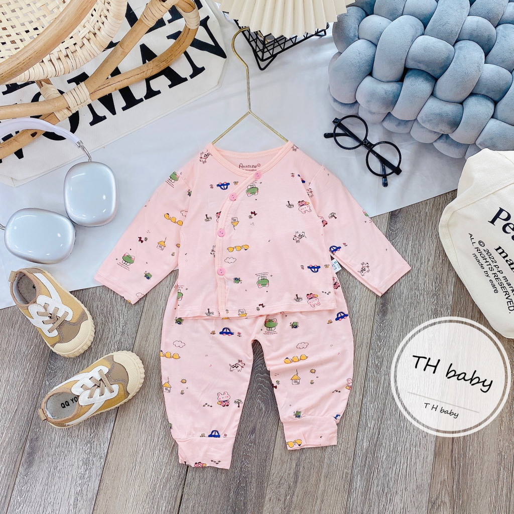 Bộ dài tay sơ sinh khuy lệch màu thun lạnh cho bé