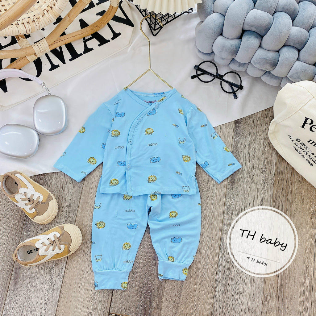 Bộ dài tay sơ sinh khuy lệch màu thun lạnh cho bé