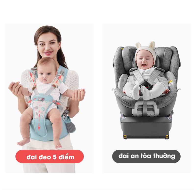 Địu em bé Mumkid cao cấp, Địu định hình chống gù cho bé thoáng khí 2 tư thế an toàn khi đi xe máy ô tô - MK046