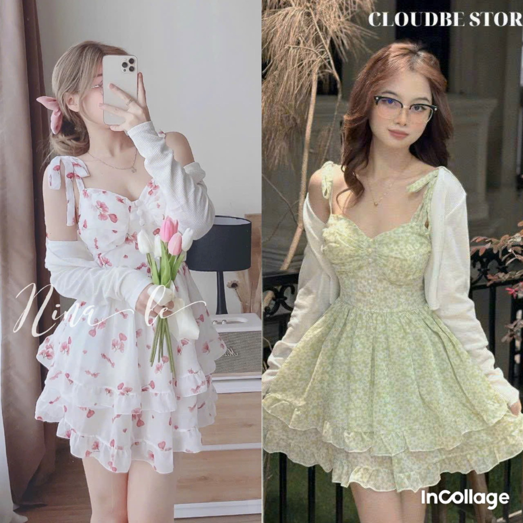 Sét 2 món đầm voan hoa nút bọc hai dây cột nơ vai kèm áo khoắc cotton tay dài siêu cute