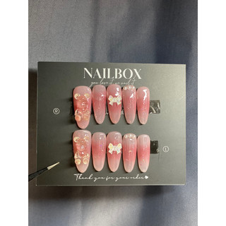 Nailbox móng giả hồng thạch charm gấu đi học kèm keo dũa