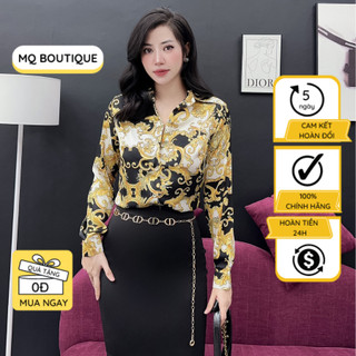 Áo sơ mi nữ tay dài cao cấp công sở áo sơ mi họa tiết hoa vàng nền đen trắng thiết kế MQ Boutique