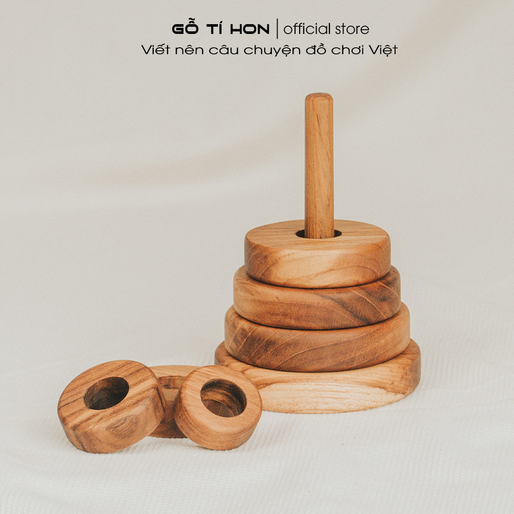 Tháp Xếp Montessori Gỗ Teak Tự Nhiên, Đồ Chơi Giáo Dục, Kích Thích Tư Duy Hình Học, Đồ Chơi Trí Tuệ Gỗ Tí Hon