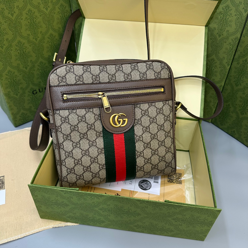 Túi đeo chéo Gucci Nâu họa tiết monogram tag vải sọc Xanh Đỏ LA on web fullbox bill thẻ