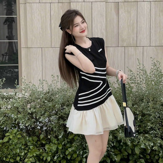 Đầm viền ruy băng phối voan bèo lai có túi ngực chất vải Cotton lạnh phối Voan thời trang nữ mặc đi chơi,