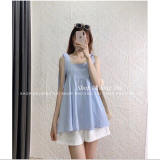 Set áo 2 dây caro babydoll buộc nơ vai kẻ xanh kèm quần sooc - Set áo kẻ caro xanh bánh bèo
