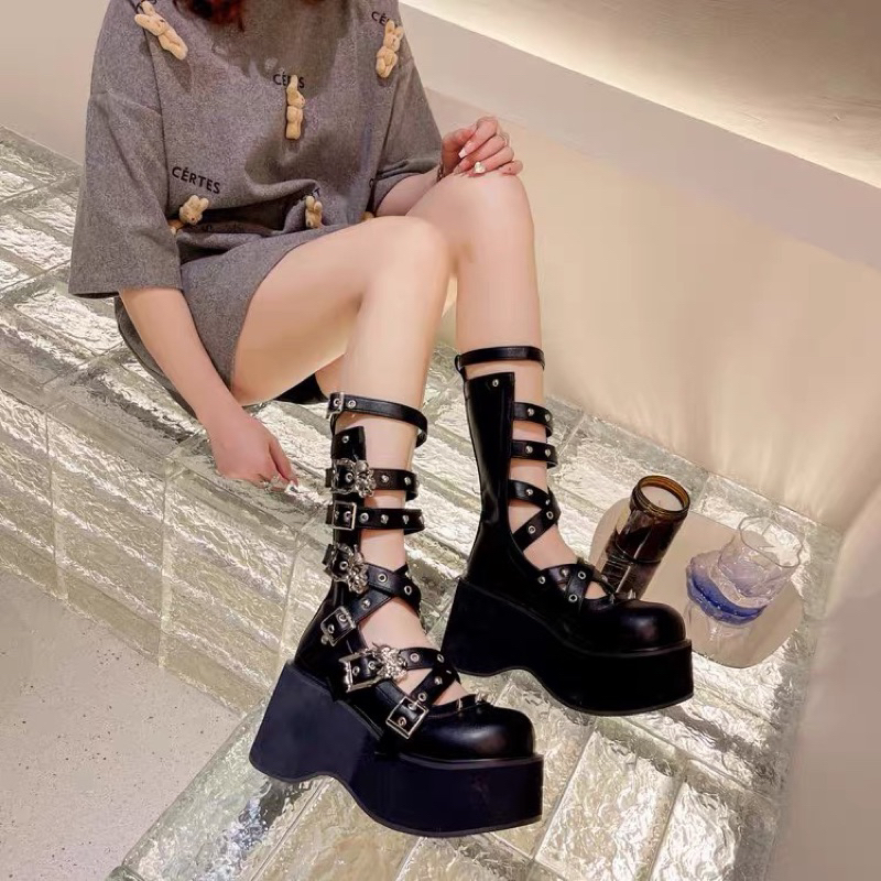 BỐT GOTHIC B80 PHỐI DÂY ĐẾ CAO 8CM PHONG CÁCH Y2K