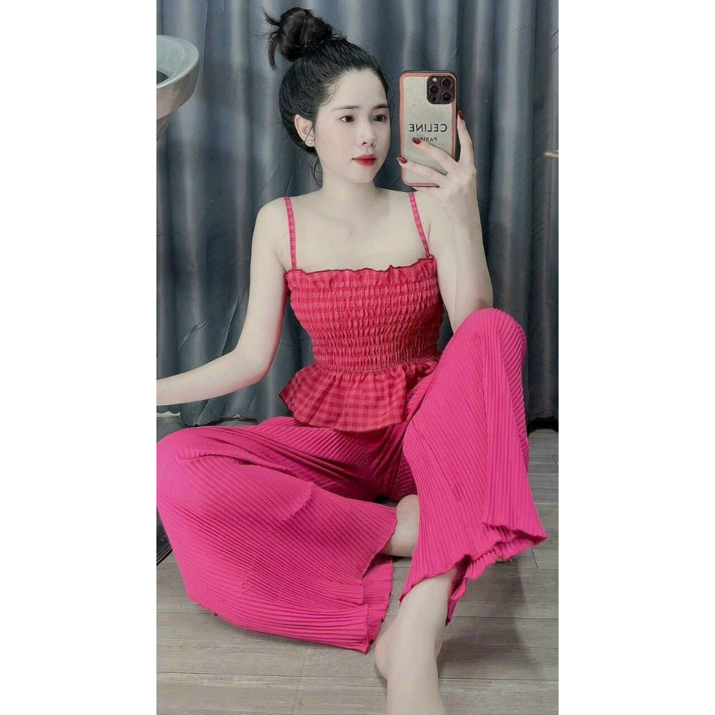 Set bộ đồ nữ, áo đũi caro hai dây sọc caro mix quần dập li cao cấp ống rộng