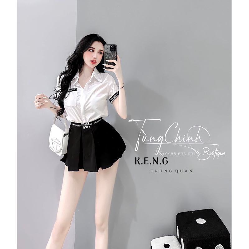 Set váy áo phối viền chữ áo sơmi chân váy xếp ly