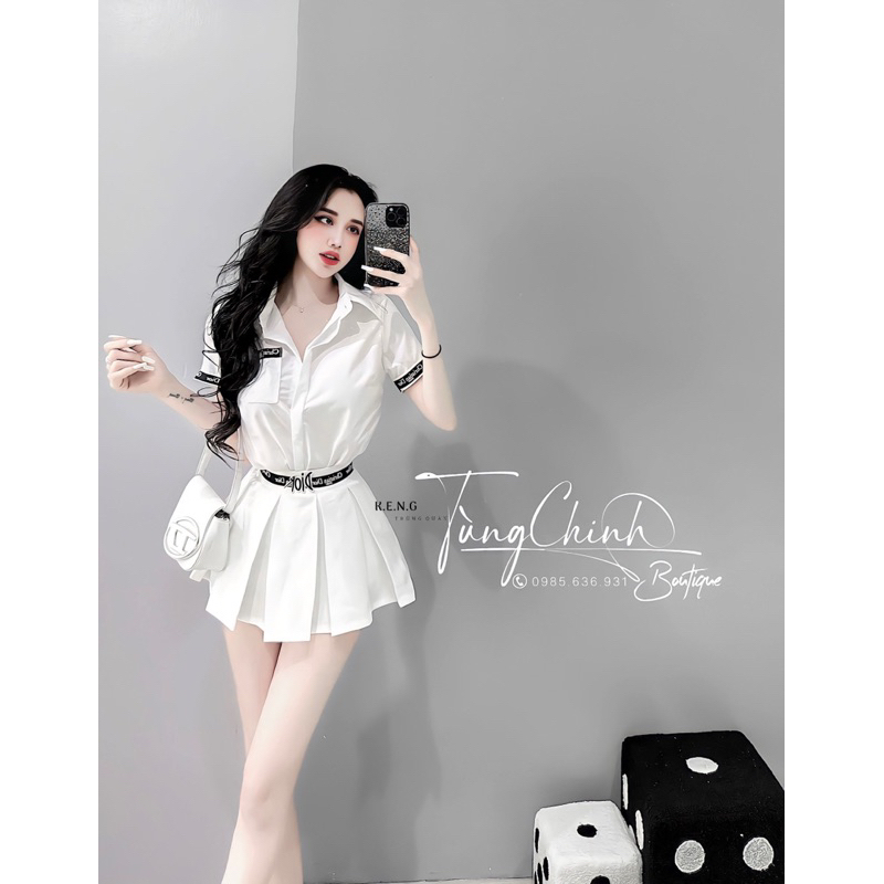 Set váy áo phối viền chữ áo sơmi chân váy xếp ly