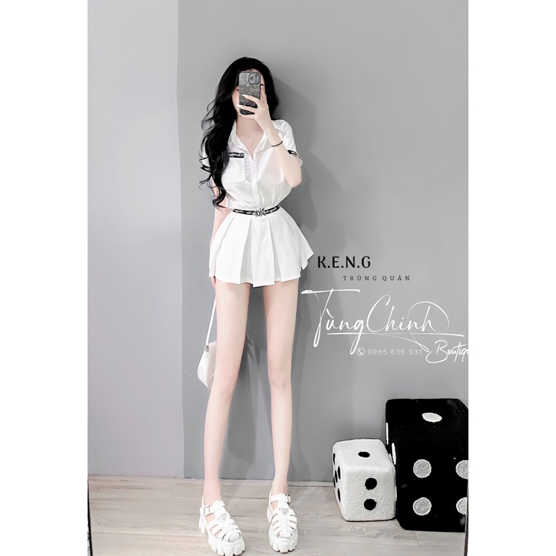 Set váy áo phối viền chữ áo sơmi chân váy xếp ly