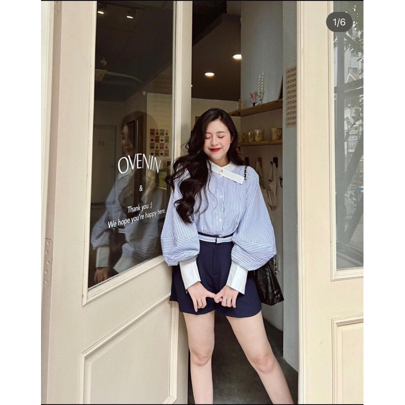 Áo sơ mi kẻ xanh phối cổ phong cách Hàn Quốc , Áo kẻ Hottrend hàng cao cấp / Jennycloset