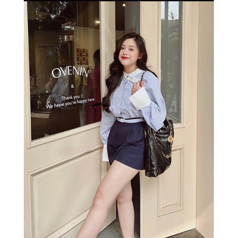 Áo sơ mi kẻ xanh phối cổ phong cách Hàn Quốc , Áo kẻ Hottrend hàng cao cấp / Jennycloset