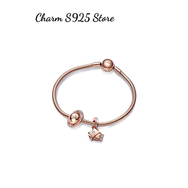 BỘ VÒNG TAY PAN ALE DÂY MỀM VÀNG HỒNG MIX 2 CHARM VŨ TRỤ NGÔI SAO HÀNG CAO CẤP