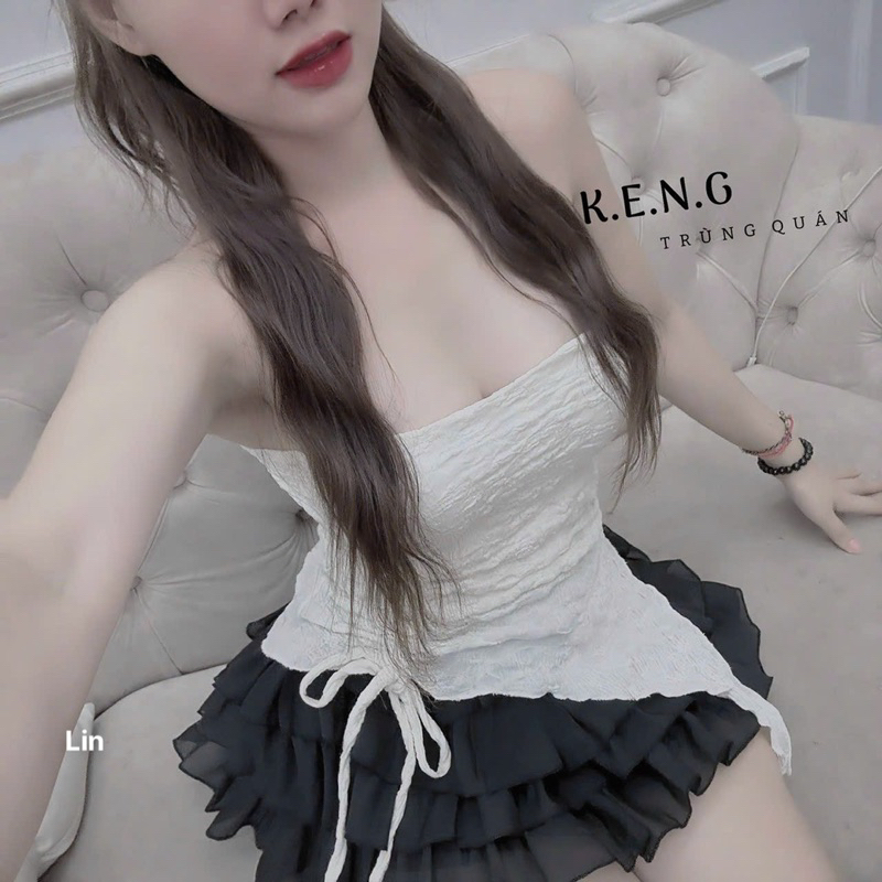 set áo ống xốp nhọn tà rút bên kèm váy ngắn tầng tơ goun