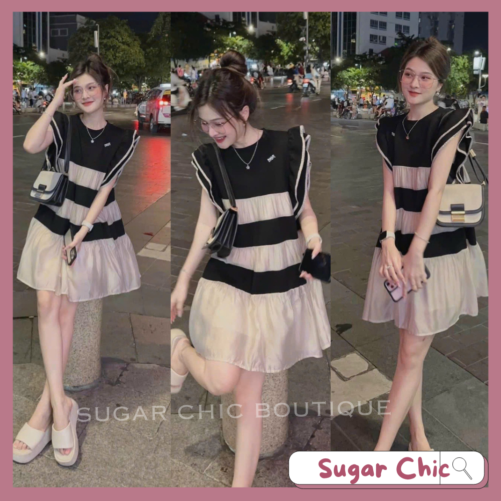 Đầm váy babydoll tay bèo cánh tiên kẻ sọc tay bèo cánh tiên phối voan ánh tơ cực kì sang chảnh