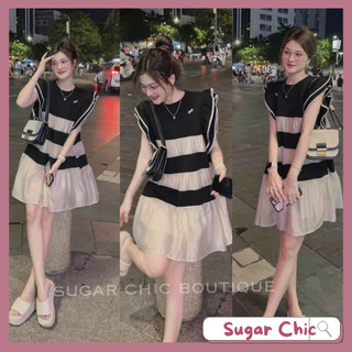 Đầm váy babydoll tay bèo cánh tiên kẻ sọc tay bèo cánh tiên phối voan ánh tơ cực kì sang chảnh