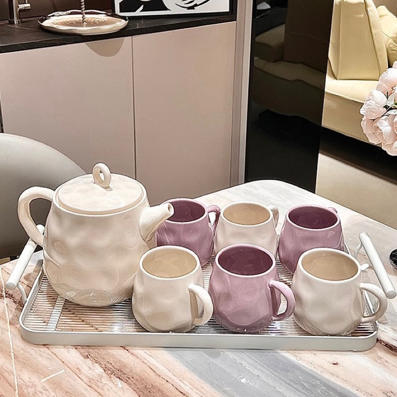Bộ Ấm Chén Pha Trà, Bộ Cốc Uống Nước Màu Tím Pastel Cao Cấp
