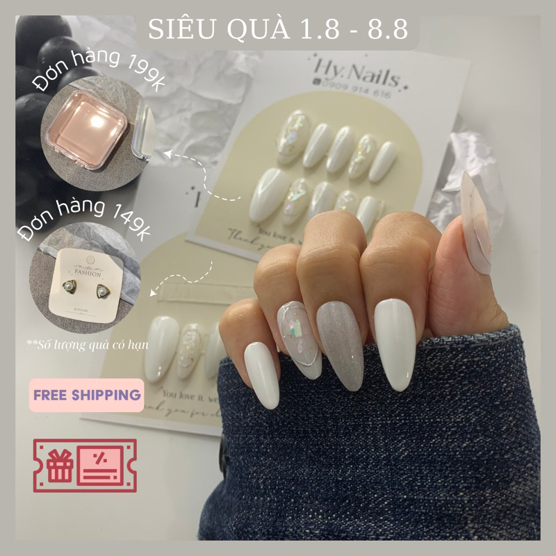 Nail box thiết kế cao cấp, móng tay giả thủ công màu trắng đính nơ đơn giản phong cách hàn quốc Hy.nail.