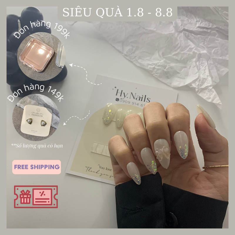 Nail box thiết kế cao cấp, móng tay giả thủ công đính nơ đơn giản phong cách hàn quốc Hy.nail.