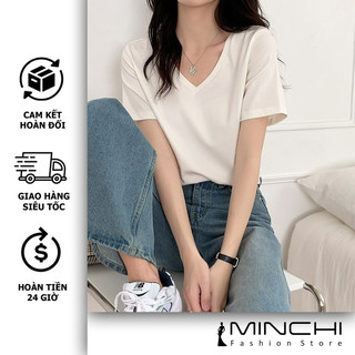 Áo Thun Nữ Trơn Cổ Tim Cộc Tay Minchi Cotton Dáng Ôm body basic thấm mồ hôi tốt