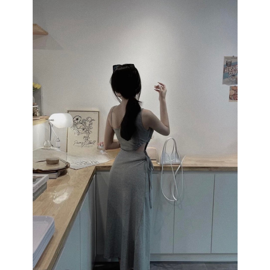 Váy 2 Dây Maxi Dây Rút Hở Eo Đầm 2s Dáng Dài Màu Ghi Khoét Eo Ôm Body Freesize