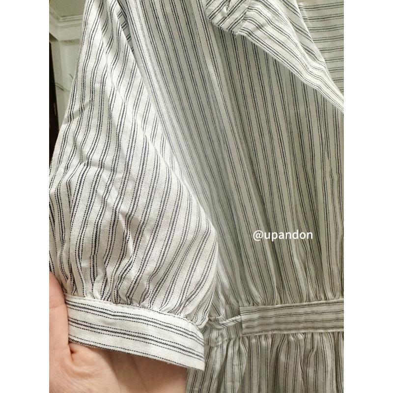 Váy sơ mi kẻ, cổ tàu, tay bồng, dáng dài phong cách Hàn Quốc