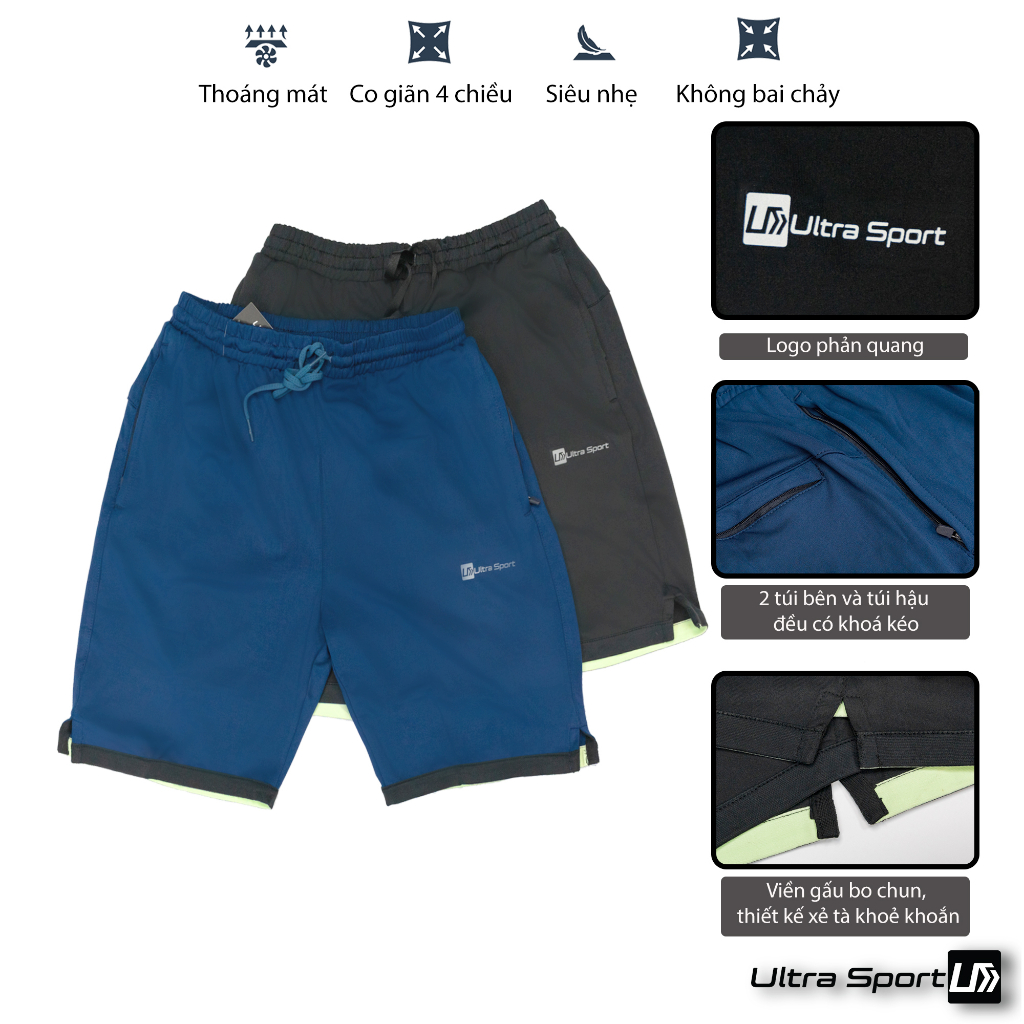 Quần đùi thể thao nam Ultra Sport logo phản quang, chất thun co giãn 4 chiều