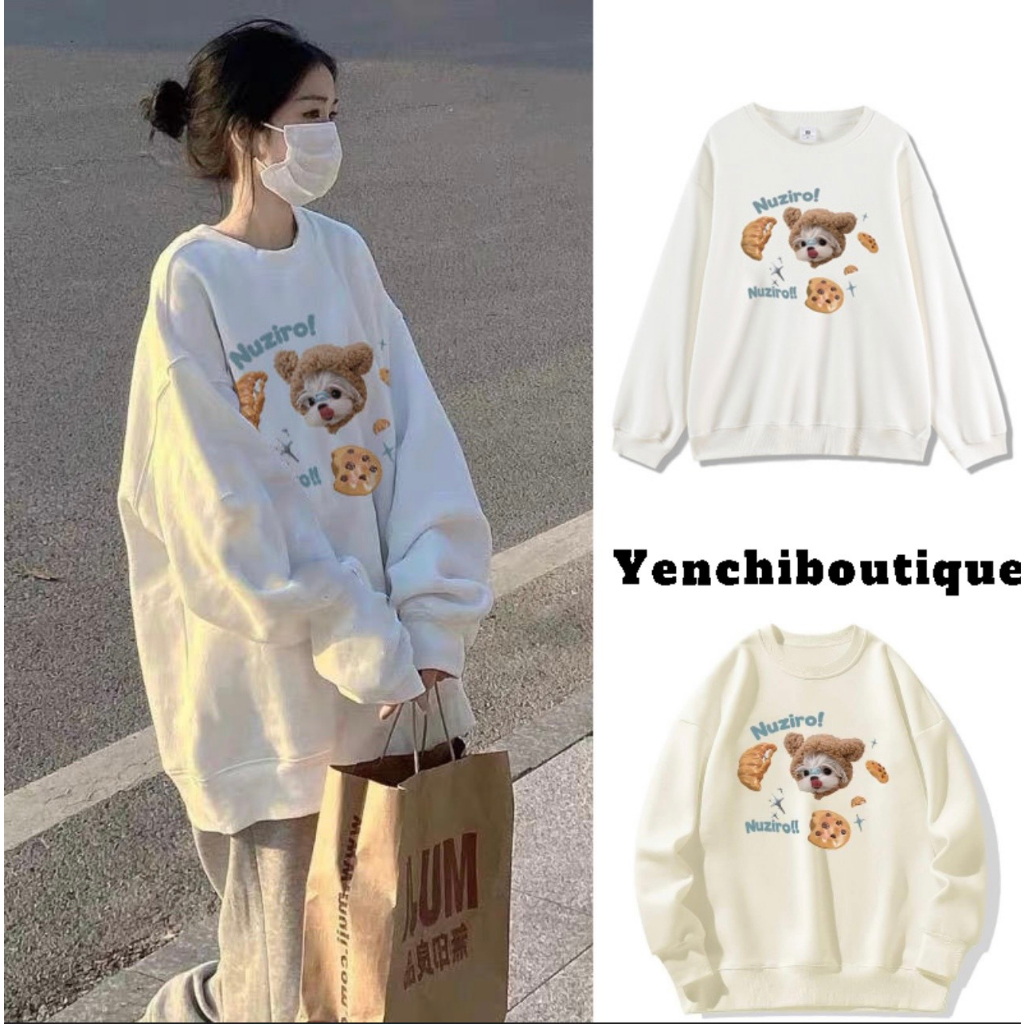 Áo Sweater  NUZIRO . Áo  Nỉ Bông Tay Dài Dáng Rộng In Họa Tiết Dễ Thương Phong Cách Vintage