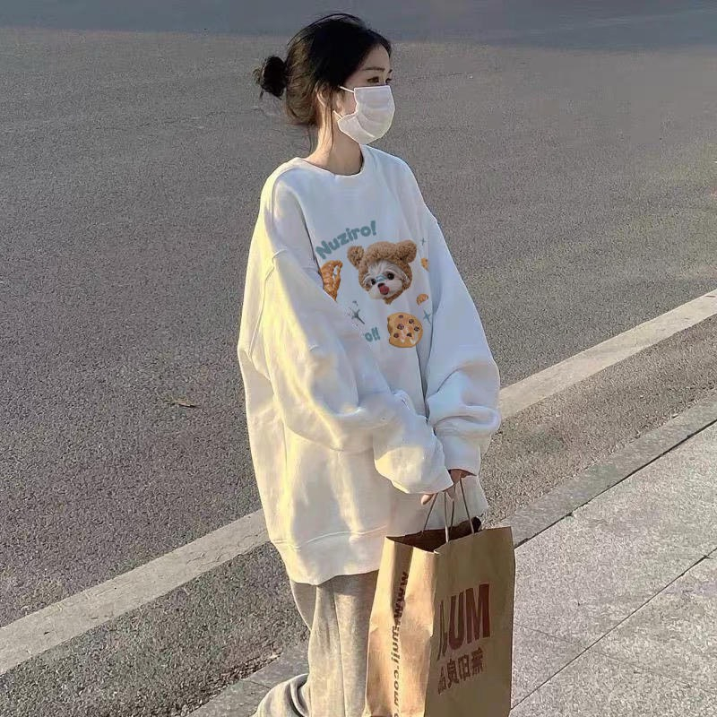 Áo Sweater  NUZIRO . Áo  Nỉ Bông Tay Dài Dáng Rộng In Họa Tiết Dễ Thương Phong Cách Vintage