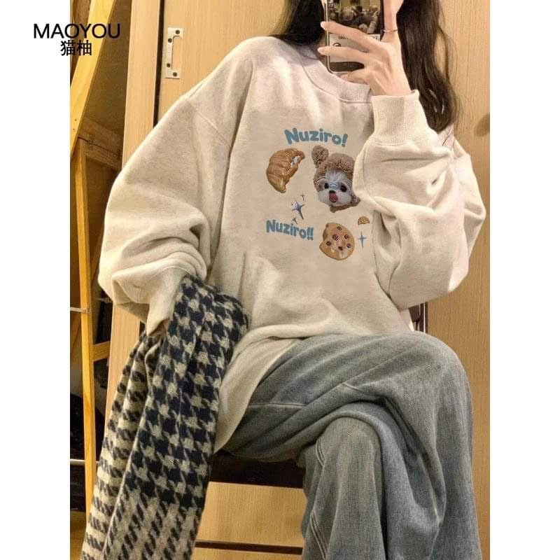 Áo Sweater  NUZIRO . Áo  Nỉ Bông Tay Dài Dáng Rộng In Họa Tiết Dễ Thương Phong Cách Vintage