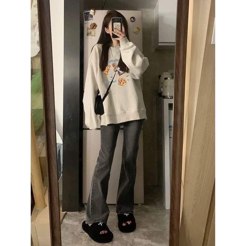 Áo Sweater  NUZIRO . Áo  Nỉ Bông Tay Dài Dáng Rộng In Họa Tiết Dễ Thương Phong Cách Vintage