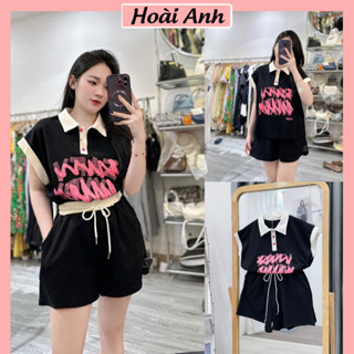 Set Bộ Đồ Nữ Áo Polo Tay Hến In Hồng Cúc Cổ Phối Viền Trắng Mix Quần Sooc Đùi Freesize
