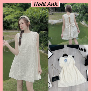 Váy Hoa Ren Nơ Lưng Nổi Phối Viền ren Cúc Lưng Đầm Ren Sát Nách 2 Lớp Freesize
