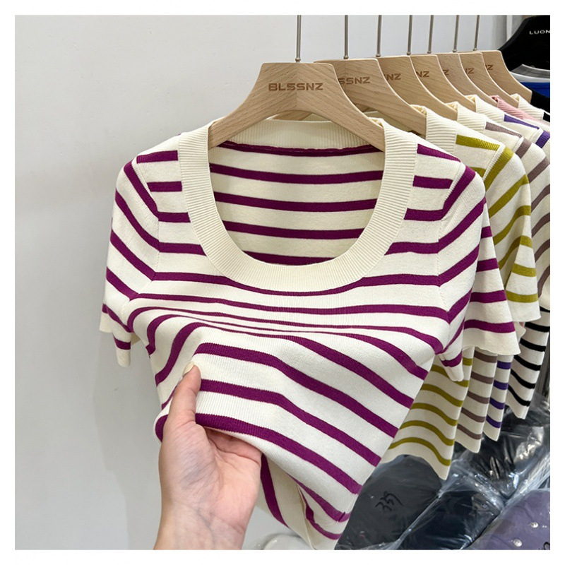 Áo Phông Len Nữ Kẻ Ngang CropTop Len Cao Cấp Dáng Ngắn Phong Cách hàn Quốc Áo Thun Nữ Quảng Châu NAP-A338.1