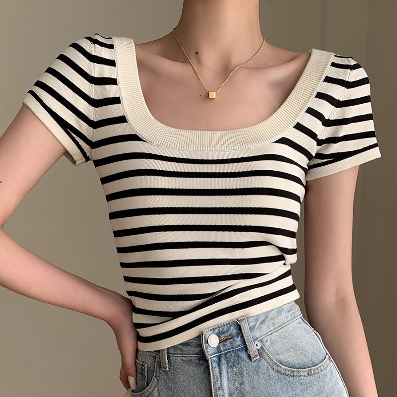 Áo Phông Len Nữ Kẻ Ngang CropTop Len Cao Cấp Dáng Ngắn Phong Cách hàn Quốc Áo Thun Nữ Quảng Châu NAP-A338.1