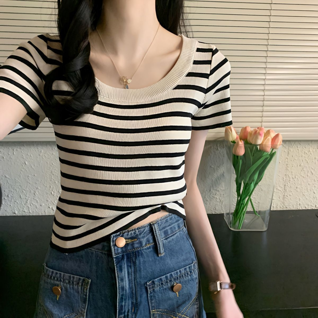 Áo Phông Len Nữ Kẻ Ngang CropTop Len Cao Cấp Dáng Ngắn Phong Cách hàn Quốc Áo Thun Nữ Quảng Châu NAP-A338.1
