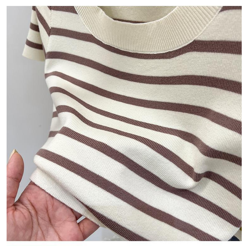 Áo Phông Len Nữ Kẻ Ngang CropTop Len Cao Cấp Dáng Ngắn Phong Cách hàn Quốc Áo Thun Nữ Quảng Châu NAP-A338.1