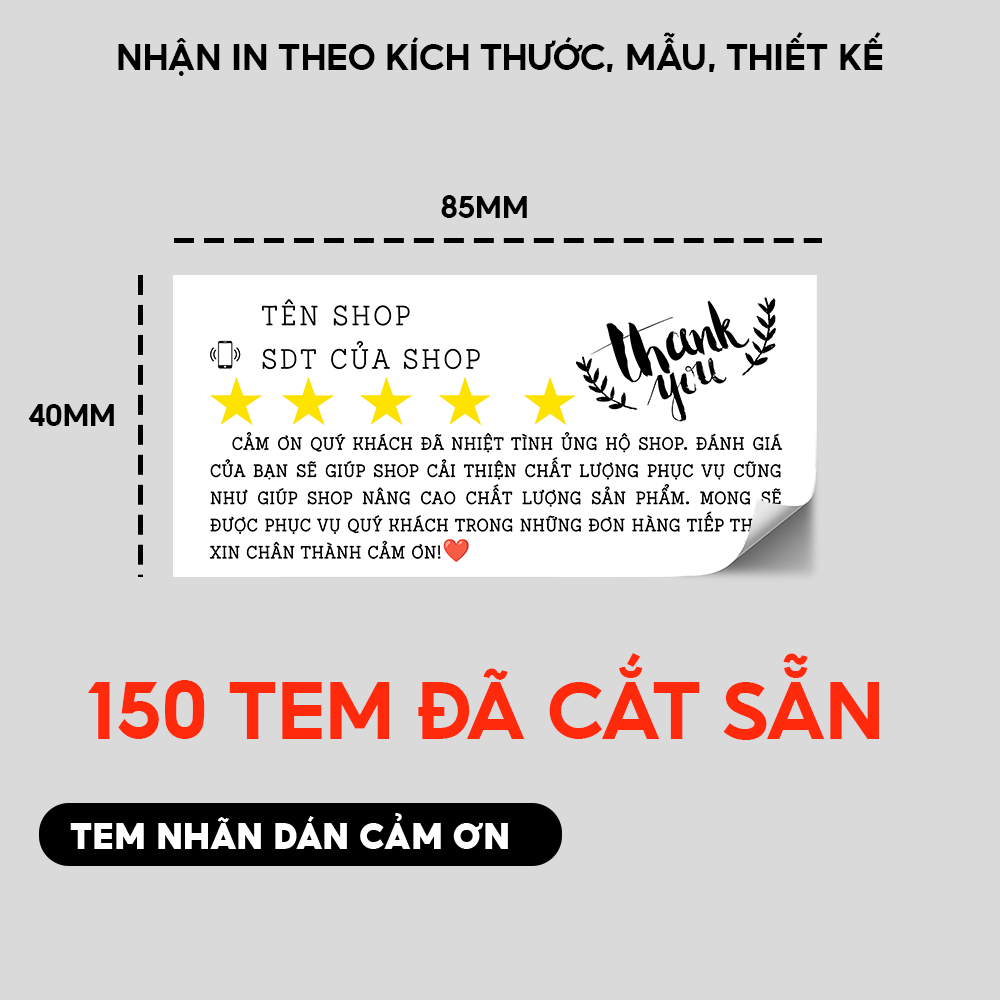150 Tem dán cảm ơn đánh giá 5 sao đã cắt sẵn - Có nhận thiết kế miễn phí riêng (40mm x 85mm)